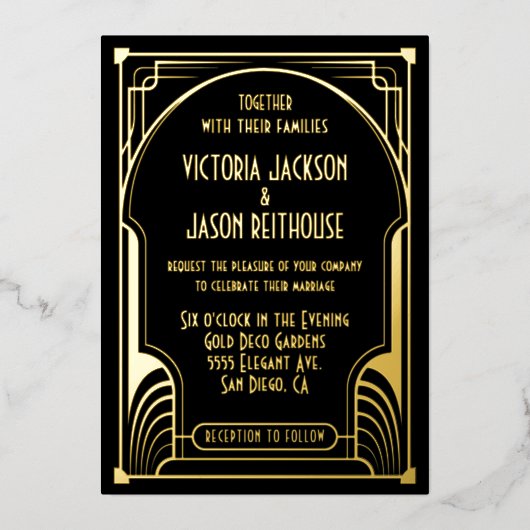 Invitation En Aluminium Art Déco Nouveau Mariage Gold & Black Mariage (Recto)