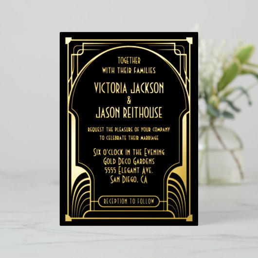 Invitation En Aluminium Art Déco Nouveau Mariage Gold & Black Mariage (Debout devant)