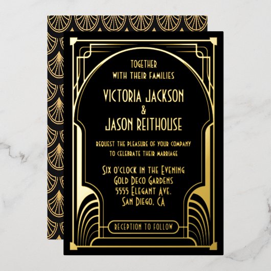 Invitation En Aluminium Art Déco Nouveau Mariage Gold & Black Mariage (Recto/Verso)