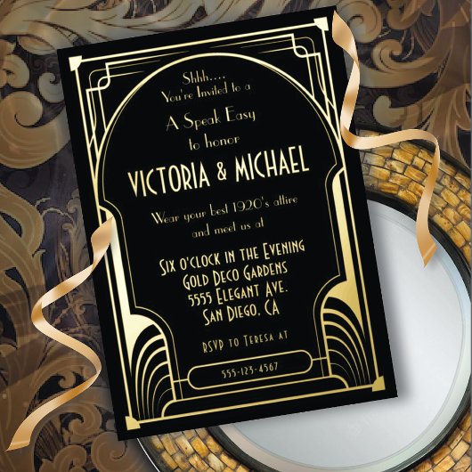 Invitation En Aluminium Art Déco Nouveau Speak Easy Party Gold & Black