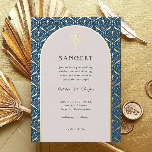 Invitation En Aluminium Art Déco or Floral Mariage indien Sangeet