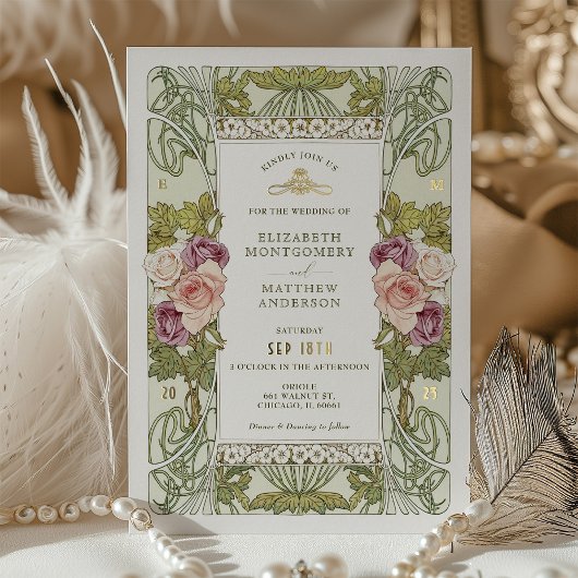 Invitation En Aluminium Art Nouveau Alphonse Mucha Mauve Rose Poussiéreuse