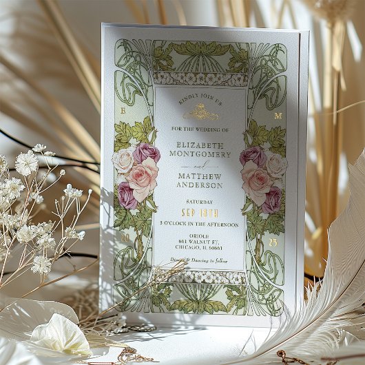 Invitation En Aluminium Art Nouveau Alphonse Mucha Mauve Rose Poussiéreuse