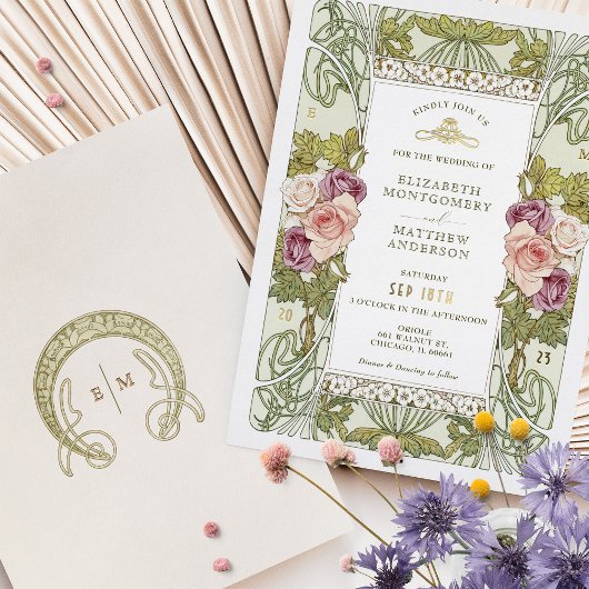 Invitation En Aluminium Art Nouveau Alphonse Mucha Mauve Rose Poussiéreuse