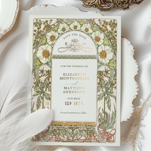 Invitation En Aluminium Art Nouveau Enregistrer la date Mariage Gold Foil