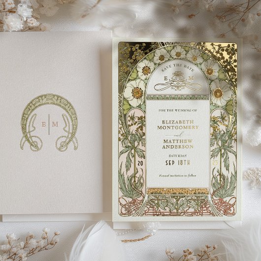 Invitation En Aluminium Art Nouveau Enregistrer la date Mariage Gold Foil