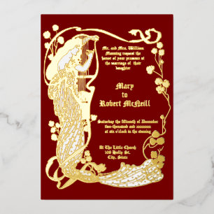 Invitation En Aluminium Art Nouveau Femme & Harpe en Mariage