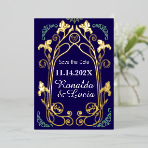 Invitation En Aluminium Art Nouveau Gold Bleu Botanique Enregistrer la dat