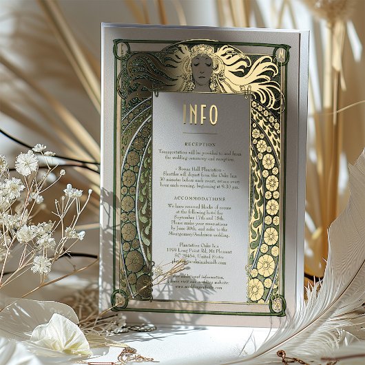 Invitation En Aluminium Art Nouveau Mariage Info Détails Gold Green Mucha