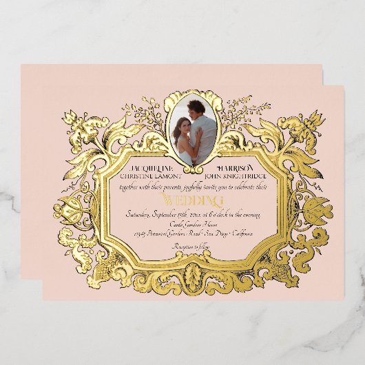 Invitation En Aluminium Art Nouveau Rococo Élégant Photo Mariage rose (Recto/Verso)