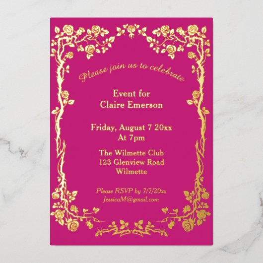 Invitation En Aluminium Art nouveau Rose Élégante Célébration Dorée (Recto)