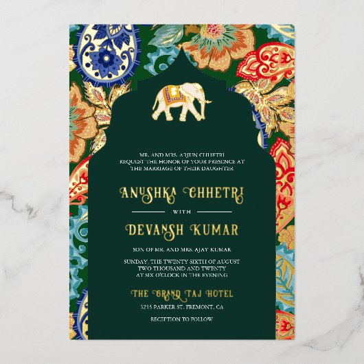 Invitation En Aluminium Art populaire indien Elephant Mariage Emerald Gold (Recto)