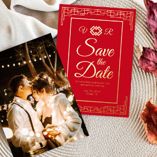 Invitation En Aluminium Asien Mariage Rouge Or Feuille Save the Date Photo
