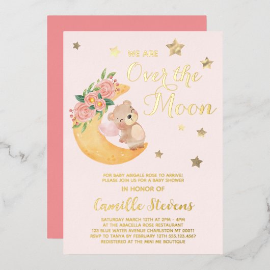 Invitation En Aluminium Au-dessus de la lune Ours Blush Baby shower fille (Recto/Verso)