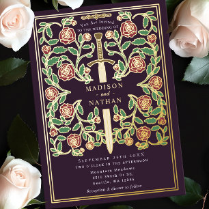 Invitation En Aluminium Aubergine Épée Florale Mariage Médiéval Fantastiqu