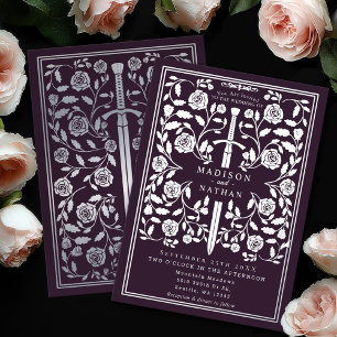 Invitation En Aluminium Aubergine Royale Épée Médiévale Argent Mariage
