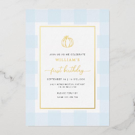 Invitation En Aluminium Automne Citrouille Bleu En vichy Anniversaire Foil (Recto)