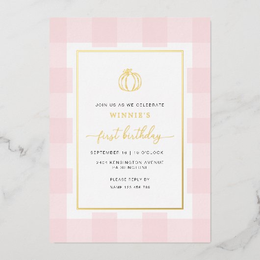 Invitation En Aluminium Automne Citrouille rose En vichy Anniversaire Foil (Recto)