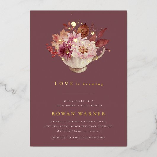 Invitation En Aluminium Automne Floral Teacup Automne Fête des mariées Thé (Recto)