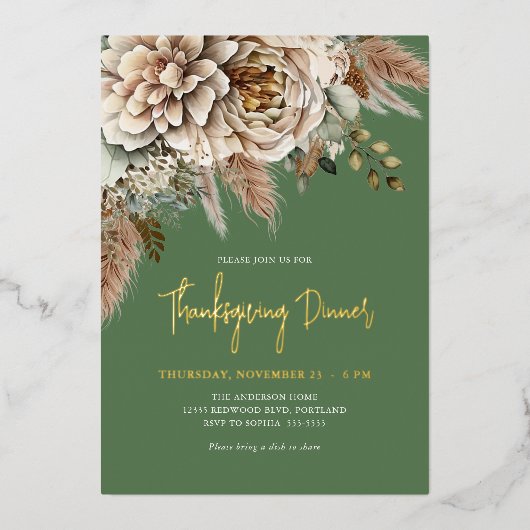 Invitation En Aluminium Automne Floral Thanksgiving Diner or (Recto)