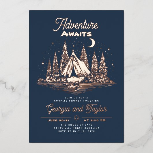 Invitation En Aluminium Aventure attend couples douche (Recto)