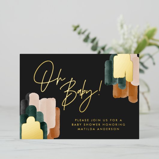 Invitation En Aluminium Baby shower abstrait en terre cuite verte (Debout devant)