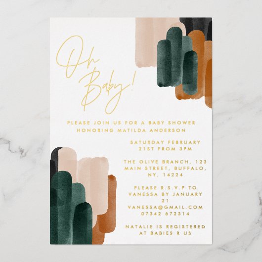 Invitation En Aluminium Baby shower abstrait en terre cuite verte (Recto)