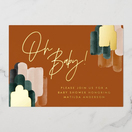 Invitation En Aluminium Baby shower abstrait en terre cuite verte (Recto)