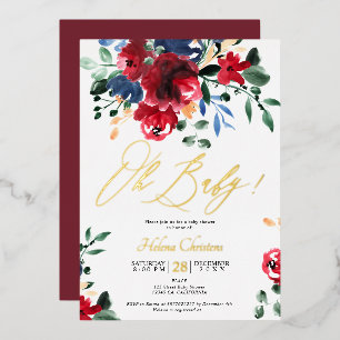 Invitation En Aluminium Baby shower aquarelle florale rouge marine automne
