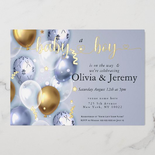 Invitation En Aluminium Baby shower Bébé Garçon Bleu Ballons (Recto)