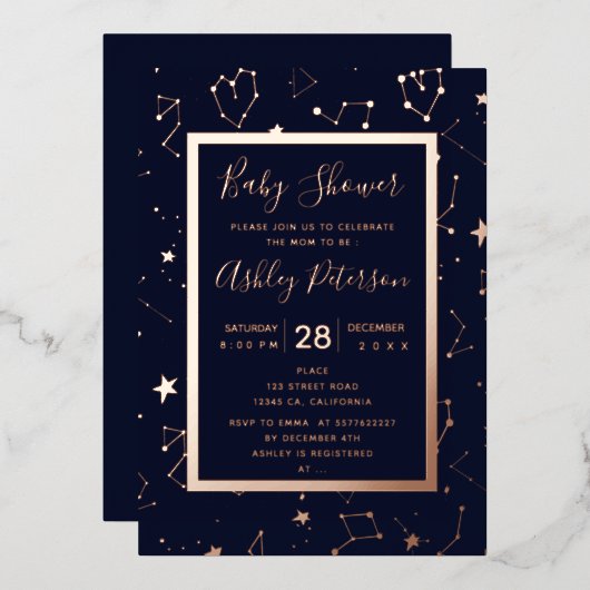 Invitation En Aluminium Baby shower bleu marine étoile de constellation ca (Recto/Verso)
