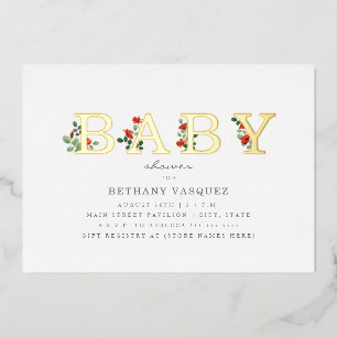 Invitation En Aluminium Baby shower Botanique Lettering Poppies Or