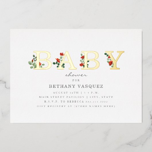Invitation En Aluminium Baby shower Botanique Lettering Poppies Or (Recto)