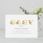Invitation En Aluminium Baby shower Botanique Lettering Poppies Or (Debout devant)