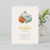 Invitation En Aluminium Baby shower Citrouille brillant or et bleu foncé (Debout devant)