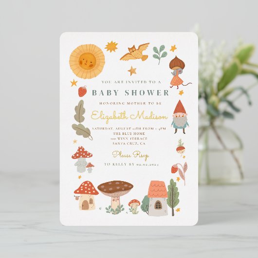 Invitation En Aluminium Baby shower de champignon forestier Foil Invitati (Debout devant)