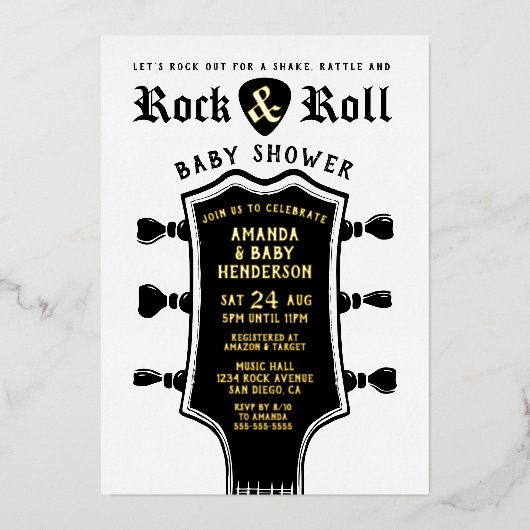 Invitation En Aluminium Baby shower de Guitare Rock et Roll (Recto)