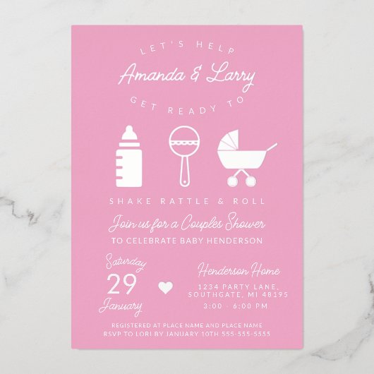 Invitation En Aluminium Baby shower de roseau et de rouleau rose Shake (Recto)