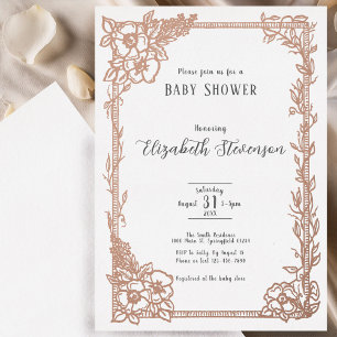 Invitation En Aluminium Baby Shower Élégant Noir Blanc Floral Rose Doré