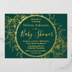 Invitation En Aluminium Baby shower Emerald Green & Gold Modern Toile