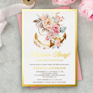 Invitation En Aluminium Baby Shower Fille Ancre Florale Bohème Doré