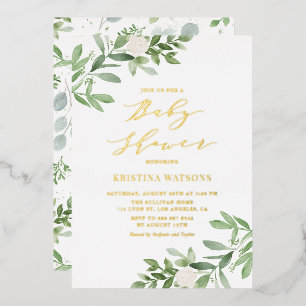 Invitation En Aluminium Baby Shower Fleurs Blanches et Verdure à l'Aquarel