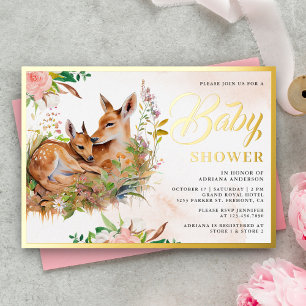 Invitation En Aluminium Baby shower Floral de cerfs mamans et bébés or