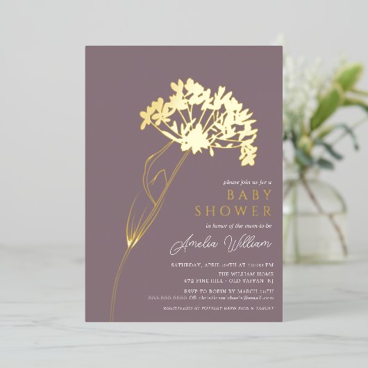 Invitation En Aluminium Baby shower floral de Mauve (Debout devant)