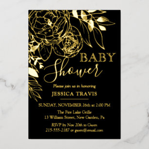 Invitation En Aluminium Baby shower Floral moderne Black & Gold