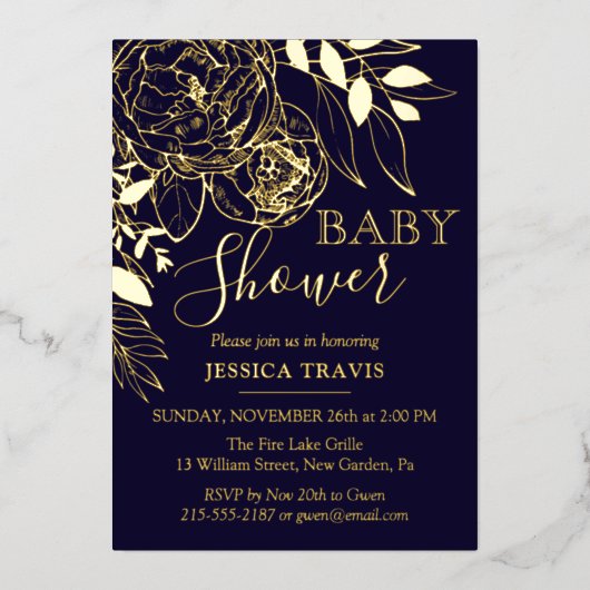 Invitation En Aluminium Baby shower floral moderne bleu marine et or (Recto)