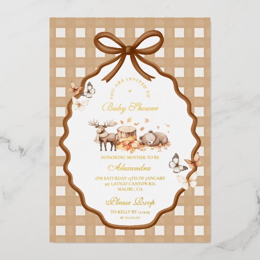 Invitation En Aluminium Baby shower forestier En vichy automne (Recto)