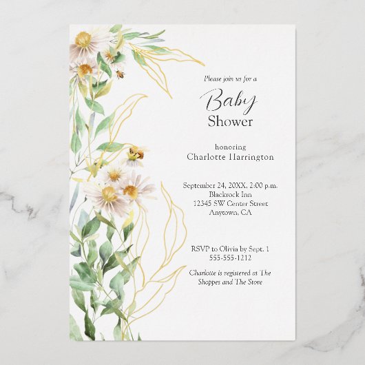 Invitation En Aluminium Baby shower frontalier fleur sauvage Daisy (Recto)