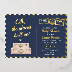 Invitation En Aluminium Baby Shower Garçon Aventure Bleu de Nuit Or