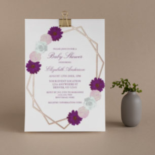 Invitation En Aluminium Baby shower géométrique Floral blanc violet